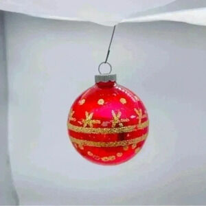 Vintage Shiny Brite Red Glass Christmas Ornament with Gold Glitter Snowflakes